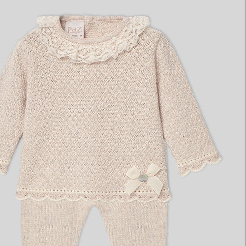 Beige Lace Knit Footie Set