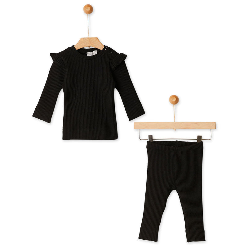 Black Ruffle Ribbed Legging Set | Girl