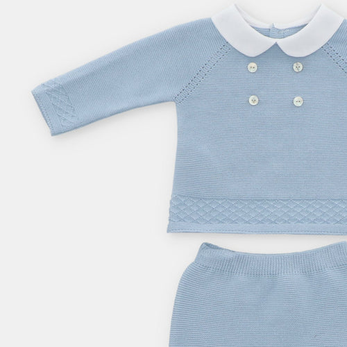 White Collar Blue Knit Footie Set
